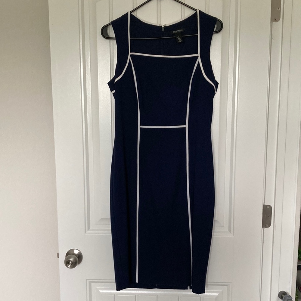 White House Black Market piped sheath dress — Navy blue with white piping